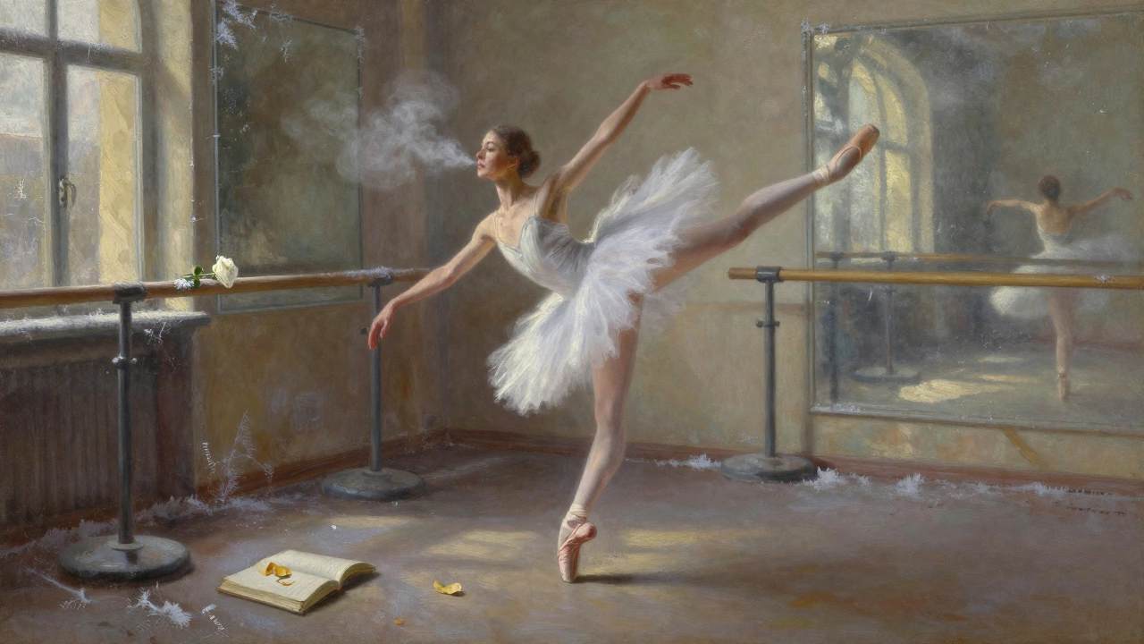 A ballerina in a freezing studio, dancing with a bleeding toe and frost on the walls, a white rose beside her journal.