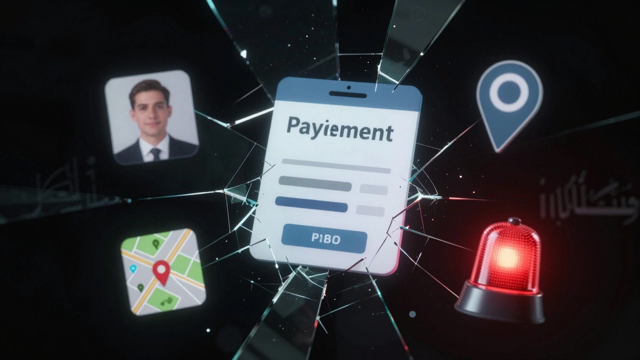 Digital fragments of a fake escort profile, payment receipt, and police siren float in darkness, cracked like broken glass with subtle Arabic text.